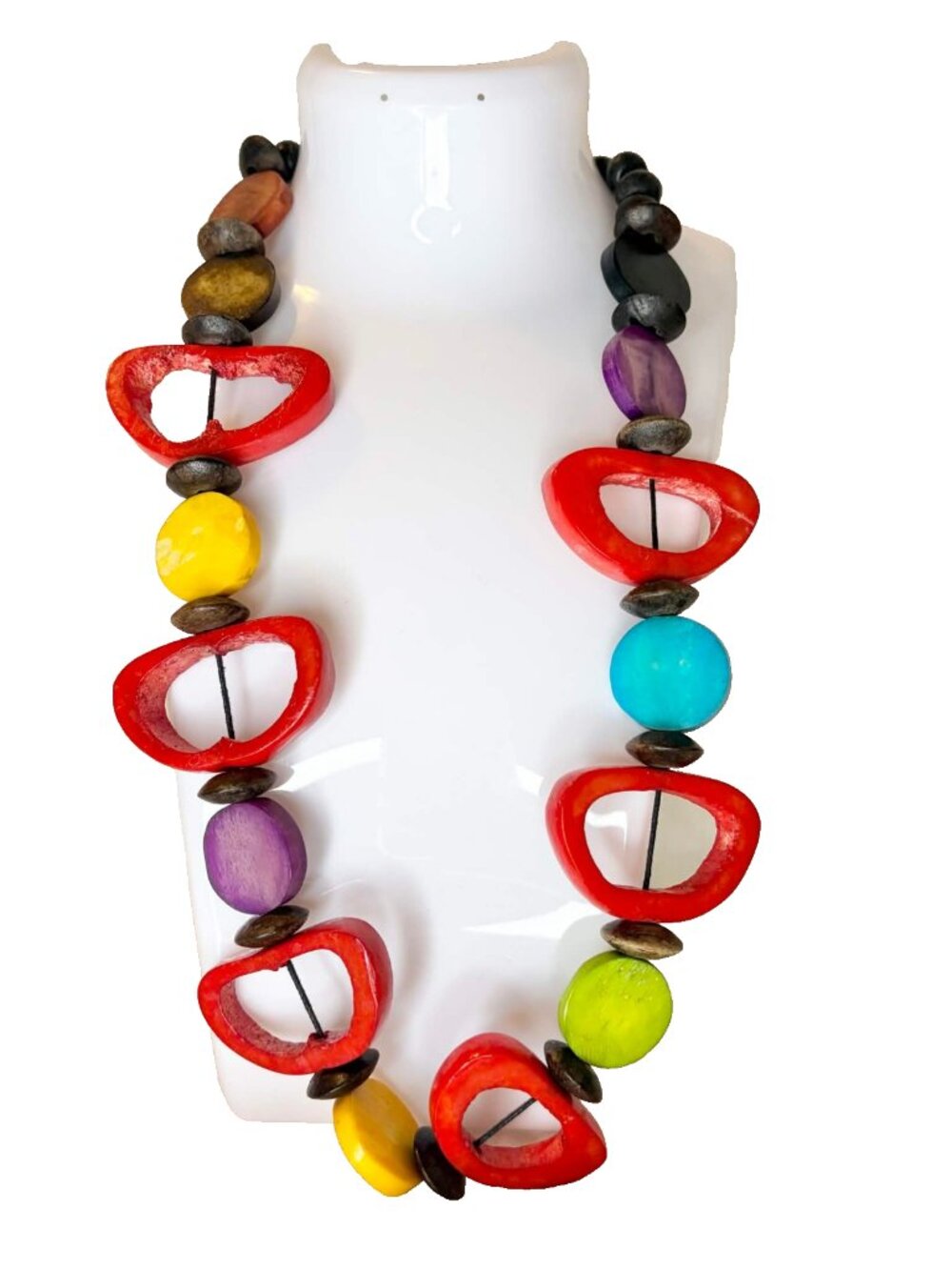 Vintage Tagua Nut Bead Necklace 31.5" Bohemian Tribal Wooden Geometric Statement